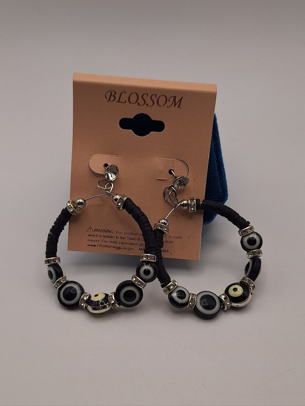 Blossom Evil Eye Beaded Hoop Earrings Black Silver Tone New